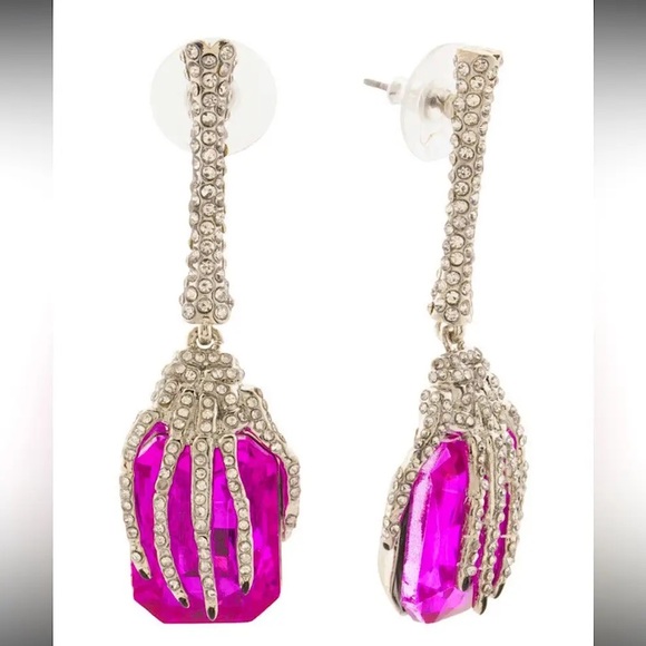 NFS -SOLD‼️ Betsey Johnson Ric Skeleton Hands Crystals Pink Gem Drop Earrings - Picture 2 of 6
